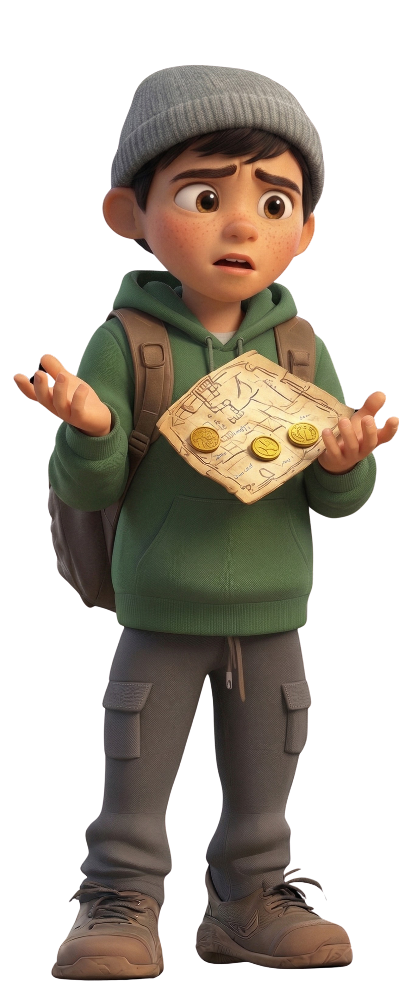 Finn kijkt nieuwsgierig en een beetje verbaasd, maar niet beschaamd.