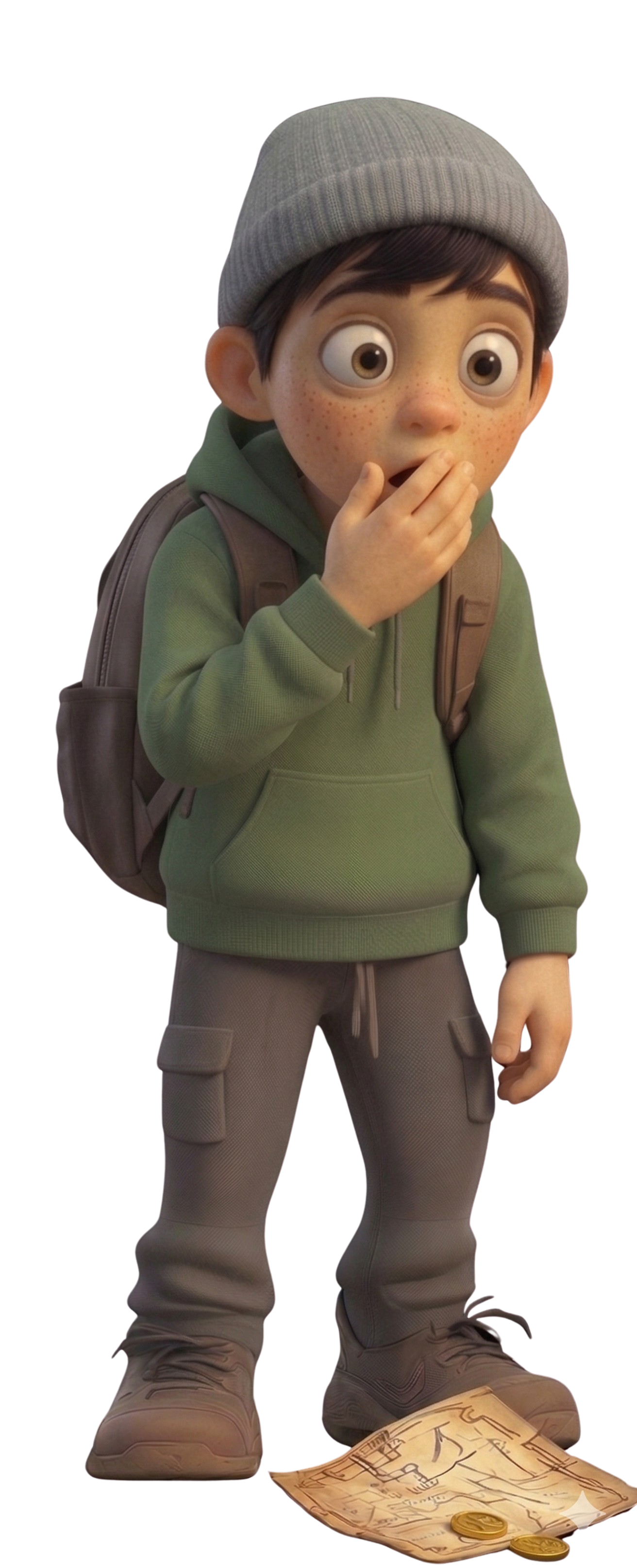 Finn kijkt verbaasd, hij merkt iets op.