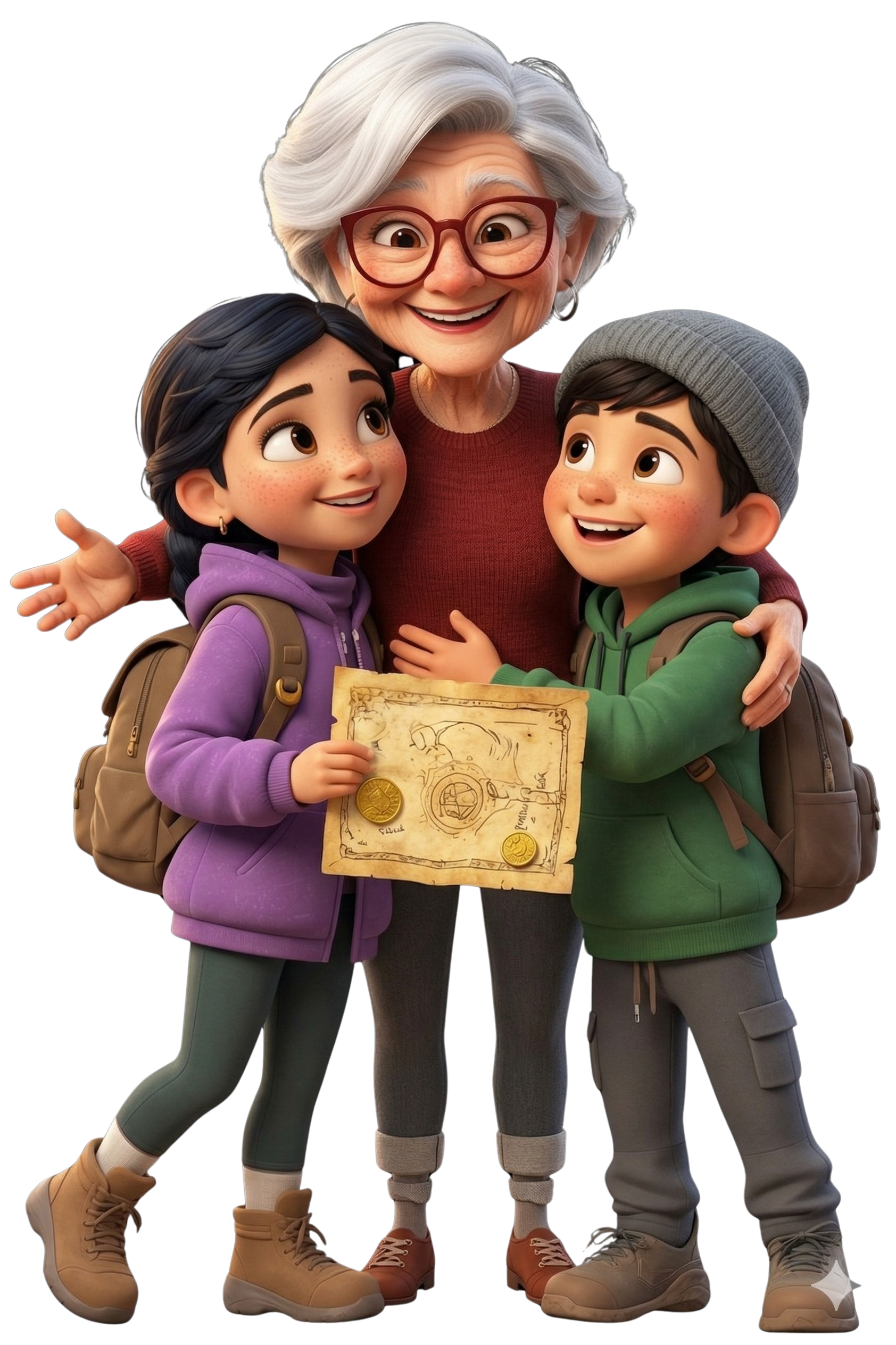 Luna, Finn en Mila samen, lachend.